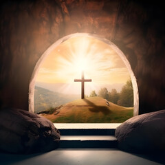 Resurrection Of Jesus Christ, Tomb Empty, Crucifixion At Sunrise