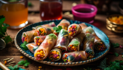 Fototapeta na wymiar Fresh spring rolls with pork and vegetables, served with sauce generated by AI