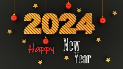 Happy New Year 2024 design with golden numbers in wave form. Premium 3D design for posters, signs, greetings and celebrations for New Year 2024.3D render.