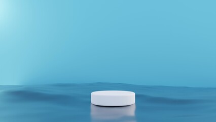 A circular product platform floats above the surface of the blue water. product banner