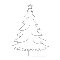 Continuous one line drawing of Christmas tree with star, gar. Hand drawn Christmas Vector illustration