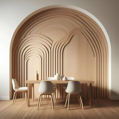 Minimalist interior design of modern dining room with abstract wood paneling arched wall