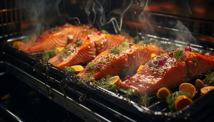 Grilled seafood and meat, fresh and healthy, cooked outdoors generated by AI