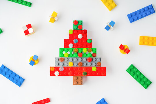Building Block Christmas: Christmas Tree and Gifts. Happy New Year and Merry Christmas. Holidays concept. Lego blocks. Novosibirsk, Russia - October 27, 2023.