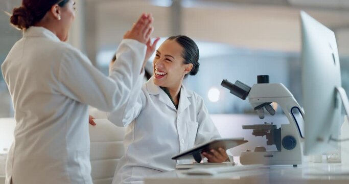 Teamwork, scientist or doctors high five for success, medicine breakthrough or partnership in lab. Science, collaboration or happy women celebrate medical support, goal target or DNA news with smile