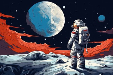 Obraz premium Astronaut on an alien planet. Futuristic space exploration concept. Poster design. Ai Generative