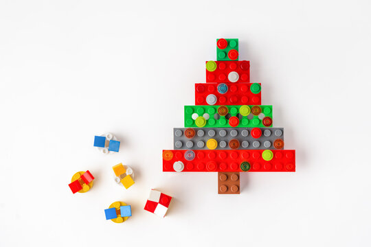 Festive Evergreen: Crafted Yuletide Tree and Gift Wonders Made from Bright Plastic Joy. Lego blocks. Novosibirsk, Russia - October 27, 2023.