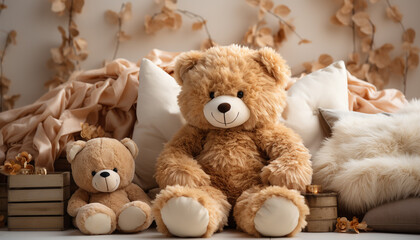 Cute teddy bear sitting on bed, bringing joy and comfort generated by AI