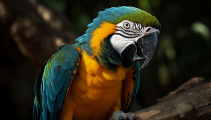 Obraz premium Vibrant macaw perching on branch, showcasing multi colored beauty in nature generated by AI