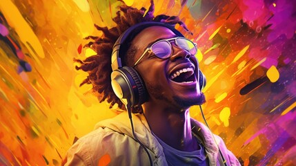 candid shot of an excited young african man party with headphones. beautiful Generative AI AIG32