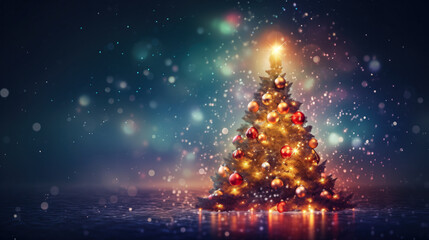 Christmas background. New Year celebration . Holiday magic, lights, Christmas tree. - obrazy, fototapety, plakaty