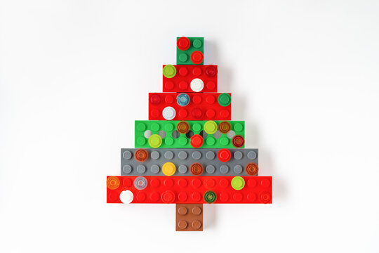 Joyful Holidays: Handcrafted Christmas Tree. New Year and Merry Christmas Festivities, Crafted from Bright Plastic Construction Blocks. Lego blocks. Novosibirsk, Russia - October 27, 2023.