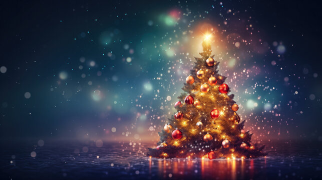 Christmas background. New Year celebration . Holiday magic, lights, Christmas tree.