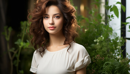 Naklejka premium Young woman with curly brown hair smiling outdoors in nature generated by AI