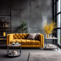 Tufted mustard color sofa near floor to ceiling window against dark concrete wall. Loft home interior design of modern living room.