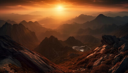 Naklejka premium Majestic mountain range, tranquil scene, panoramic beauty in nature generated by AI