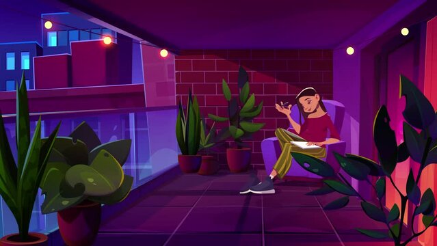 Cartoon girl sitting with a notebook and pen in her hands on the evening balcony in the light of bulbs and doing homework. Animation for cozy home listening to quiet music. 4K resolution