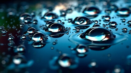 Abstract background with splashes, splashes and bubbles on the water surface with blue sky reflection.