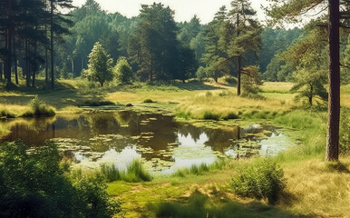 Acrylic painting of a landscape with a calm forest lake, in the water of which trees are reflected.