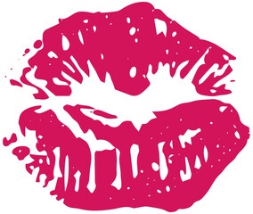 Pink-red kiss lips print. A woman mouth. A trace of lipstick. Rough vector clipart isolated on transparent background. Grunge hand-drawn design element