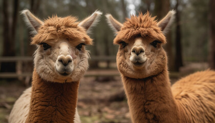 Cute alpaca portrait, looking at camera in rural farm generated by AI