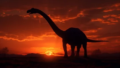 Poster Majestic silhouette of horned dinosaur grazing in African savannah generated by AI © Jeronimo Ramos