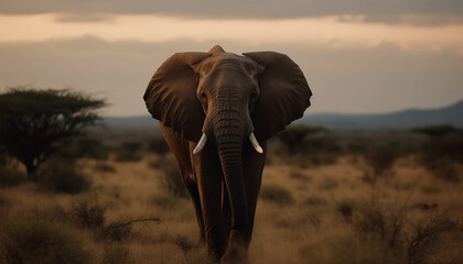 Fototapeta na wymiar African elephant walking in the wilderness at sunrise grazing peacefully generated by AI