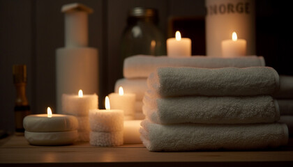 Obraz na płótnie Canvas Luxury spa treatment with candlelight, aromatherapy, and massaging towel generated by AI