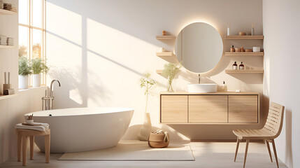 A serene, sunlit modern bathroom with a sleek white bathtub, wooden vanity, and minimalistic decor, highlighted by natural light and green plants. Scandinavian interior