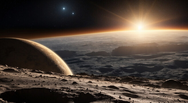 A stunning view of Earth rising over the rugged lunar surface, with the sun's rays casting a warm glow on the horizon - AI Generative