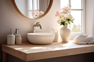 Fototapeta na wymiar Scandinavian interior. Charming bathroom setup featuring a white vessel sink, soft towels, and a large window providing natural light and a view