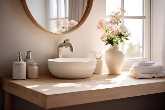 Scandinavian interior. Charming bathroom setup featuring a white vessel sink, soft towels, and a large window providing natural light and a view