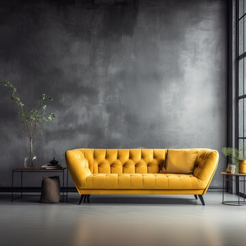 Tufted Mustard Color Sofa Near Floor To Ceiling Window Against Dark Concrete Wall. Loft Home Interior Design Of Modern Living Room.