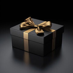 Blank open black present box or top view of opened black gift box with black ribbons and bow isolated on dark background with shadow minimal black friday sale concept