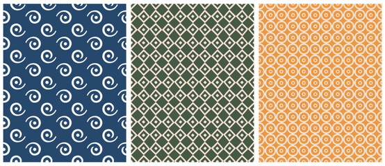 Abstract Hand Drawn Geometric Vector Patterns. Light Beige Swirls, Circles and Rhombus Isolated on a Dark Blue, Green and Mustard Brown Background. Irregular Abstract Doodles Repeatable Print. RGB.