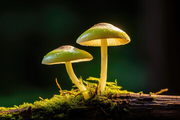 A captivating macro photograph of damp tiny mushrooms emerging from the damp forest floor, with their rich earthy tones contrasting against the green moss. The image showcases the intricate details an