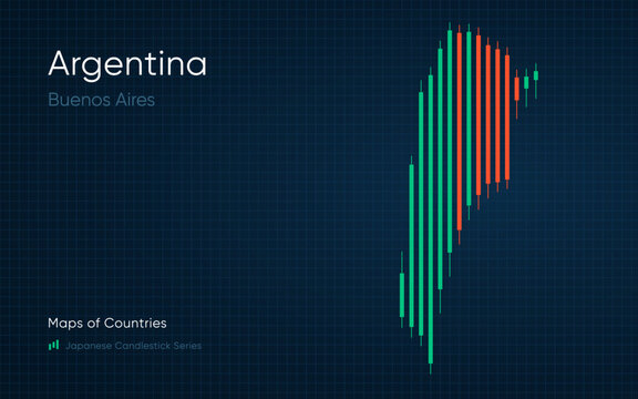 Argentina map is shown in a chart with bars and lines. Japanese candlestick chart Series	