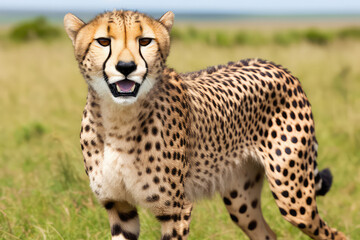 Fototapeta premium A dynamic and action-packed photograph of a cheetah sprinting across the grassland, showcasing its speed and agility. The motion blur and intense energy create a visually compelling and aesthetically