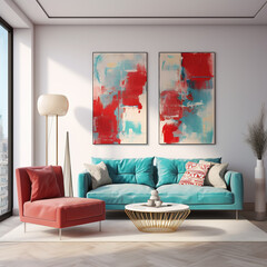 Red sectional and teal accent chairs against a wall with modern art, minimalist, Scandinavian-style home interior