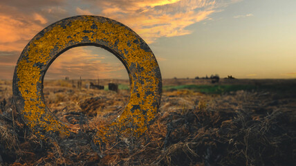Rusty steel ring on a farm under the sunset sky