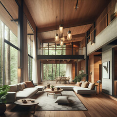 Mid-century loft home interior design of modern living room in house in forest.