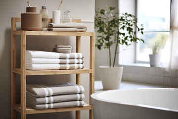 Elegantly arranged bathroom shelf with neatly stacked towels and earth-toned accessories, complementing a sunlit, plant-adorned space. Scandinavian interior