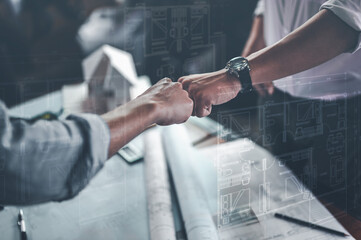 fist bump, assistant, control, dashboard, blueprint, futuristic, innovation, paperwork, partner, plan. businessman engages with smart home control dashboard assistant hud embracing the iot revolution.