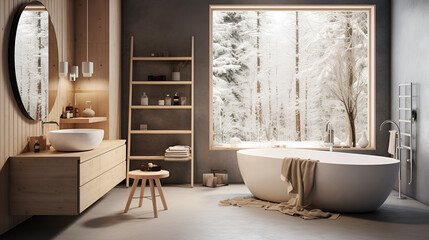 Scandinavian interior. Cozy bathroom ambiance with a modern tub overlooking a snowy forest, paired with warm wooden furnishings and soft lighting