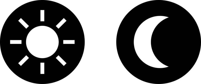 Light Day and Dark Night Mode Sun and Moon Symbol Round Circle Button Icon Set. Vector Image.