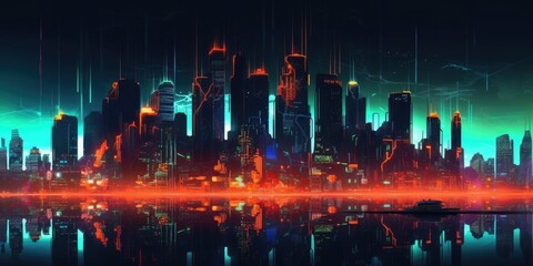 city skyline cyberpunk neon on dark background. beautiful Generative AI AIG32 - obrazy, fototapety, plakaty