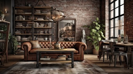 Fototapeta na wymiar Interior design inspiration of Industrial Rustic style home dining room loveliness decorated with Brick and Leather material and Fireplace .Generative AI home interior design .