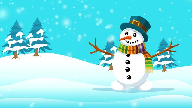 Snowman cartoon on snowy hills for Christmas theme, motion graphics