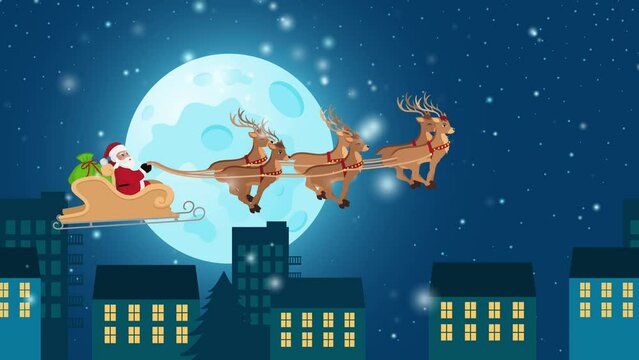 Cartoon illustration featuring Santa Claus with his reindeers and sleigh soaring above a town, motion graphics