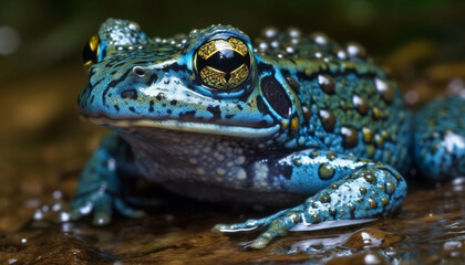Fototapeta premium Slimy toad sitting in wet forest, looking at camera generated by AI